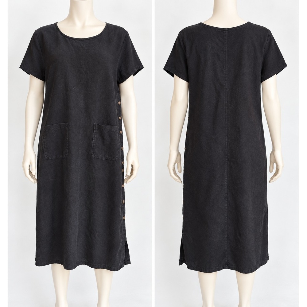 Vintage Erina & Co XL Black Linen Cotton Midi Dress Lagenlook Minimalist Pockets